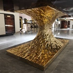 Molten Gold Pedestal Dining Table with Deep Red Burl Wood Top and Inlaid Motif